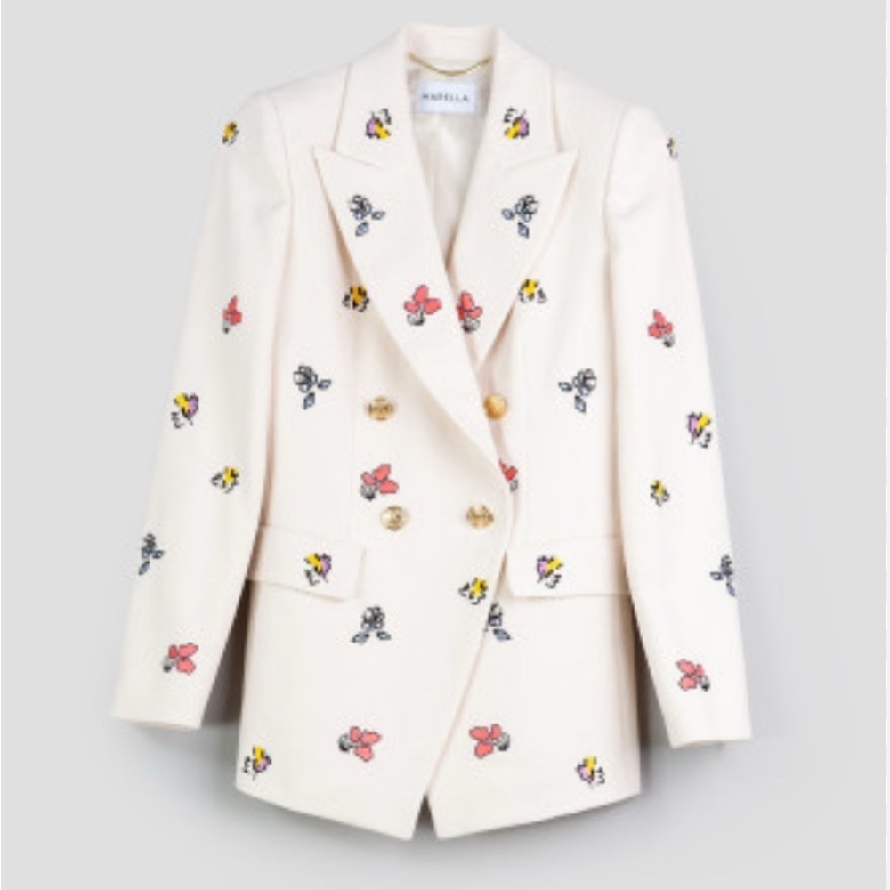 MARELLA neutral double breasted monza embroided Cream Blazer with Floral Accents